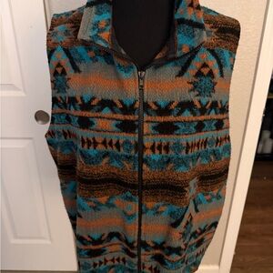 Zip-Front Aztec Pattern Knit Vest in Teal and Brown